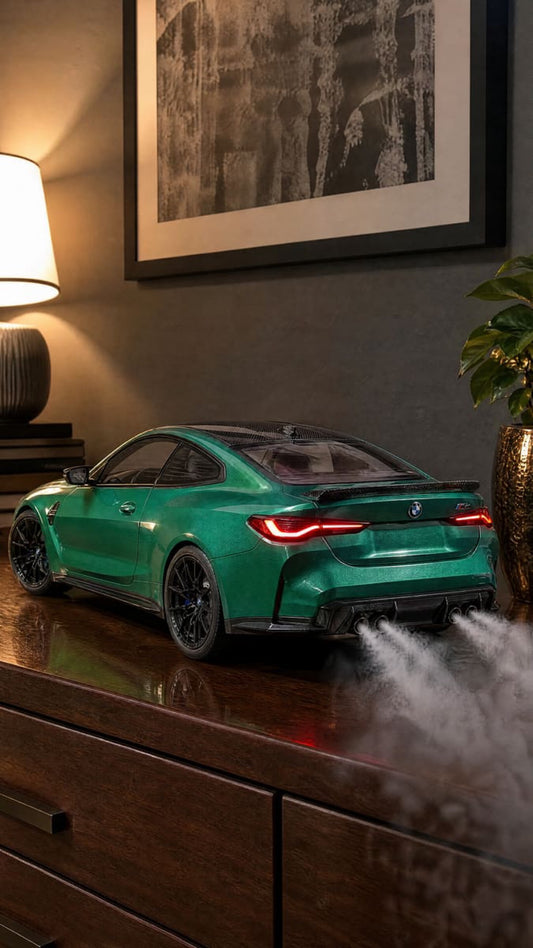 DriftMist M4 diffuser on a dresser, mist streaming from the quad exhausts